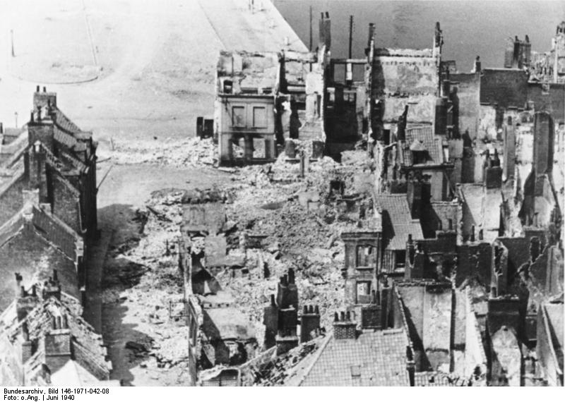 Destruction in the waterfront area of Calais, France, at 1230 hours on 1 Jun 1940