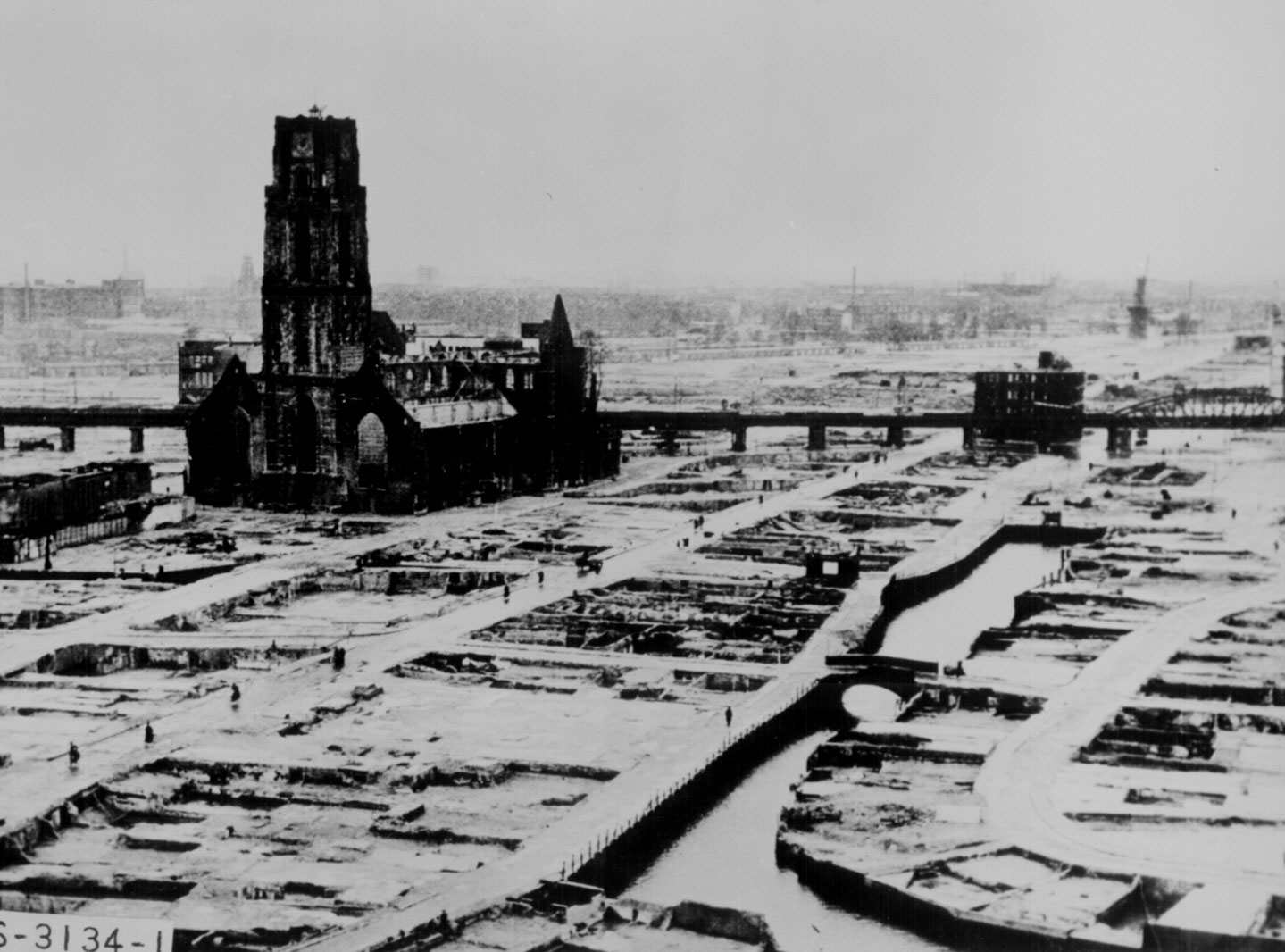 Aerial view of the destruction at Rotterdam, circa late May 1940