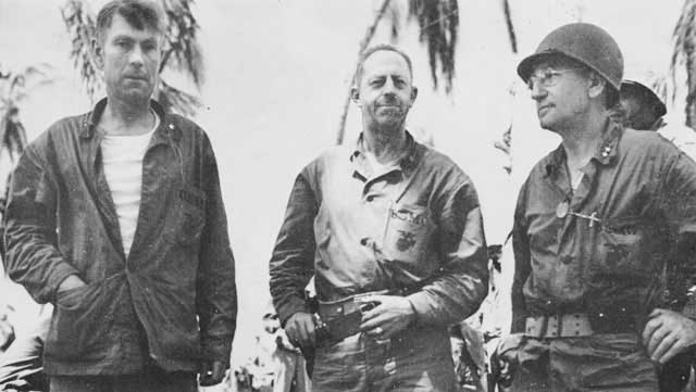 Major General Julian Smith, Colonel Meritt Edson, and Brigadier General Thomas Bourke, Betio, Tarawa Atoll, 22 Nov 1943
