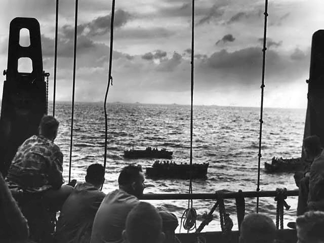 US Marines aboard a US Coast Guard-manned transport while they traveled for Tarawa, Gilbert Islands, Nov 1943