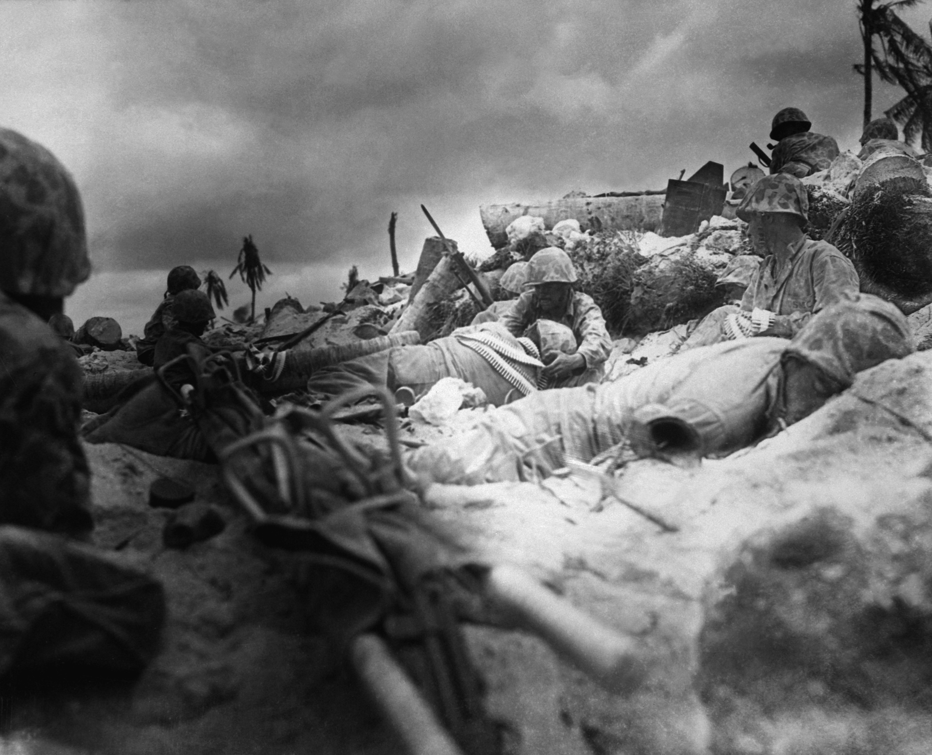 US Marines on the Tarawa invasion beach designated Red Beach 3, Gilbert Islands, 20-21 Nov 1943