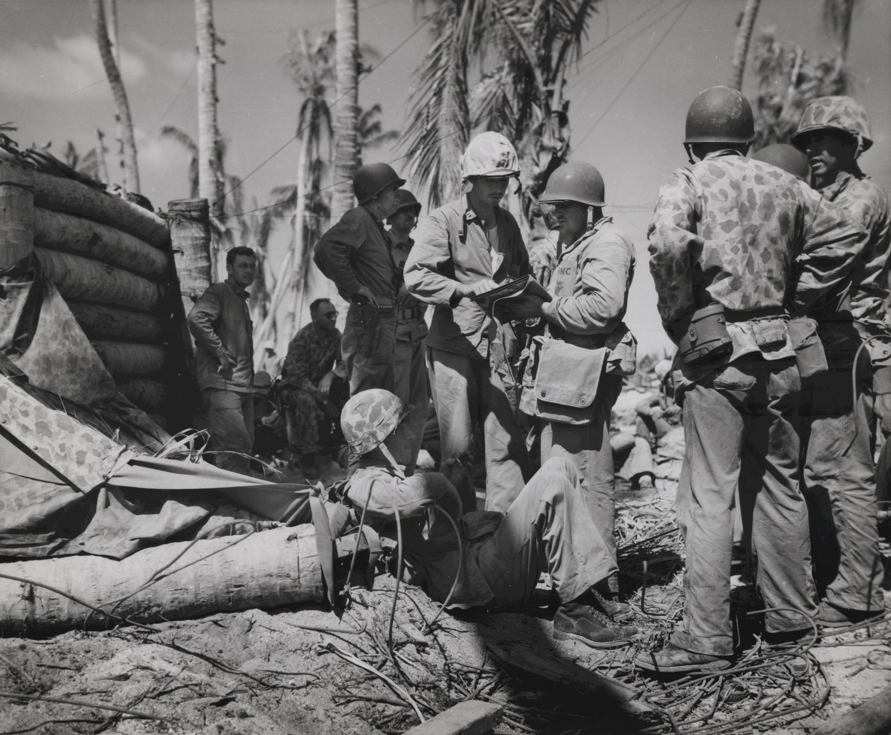 Colonel Merritt Edson and Colonel David Shoup met over Betio tactics, Tarawa Atoll, 23 Nov 1943