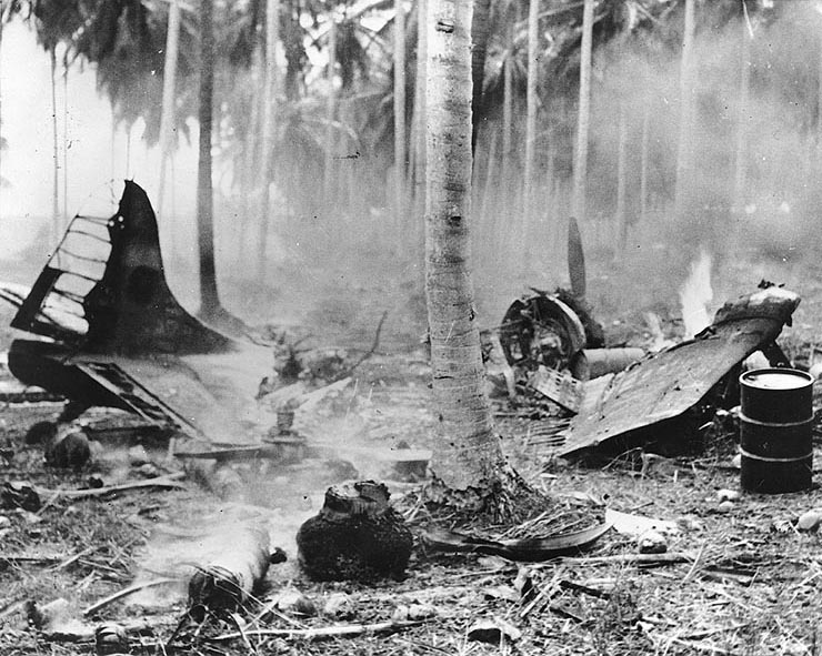 SBD aircraft destroyed in an air attack on Henderson Field, Guadalcanal, Solomon Islands, 1942