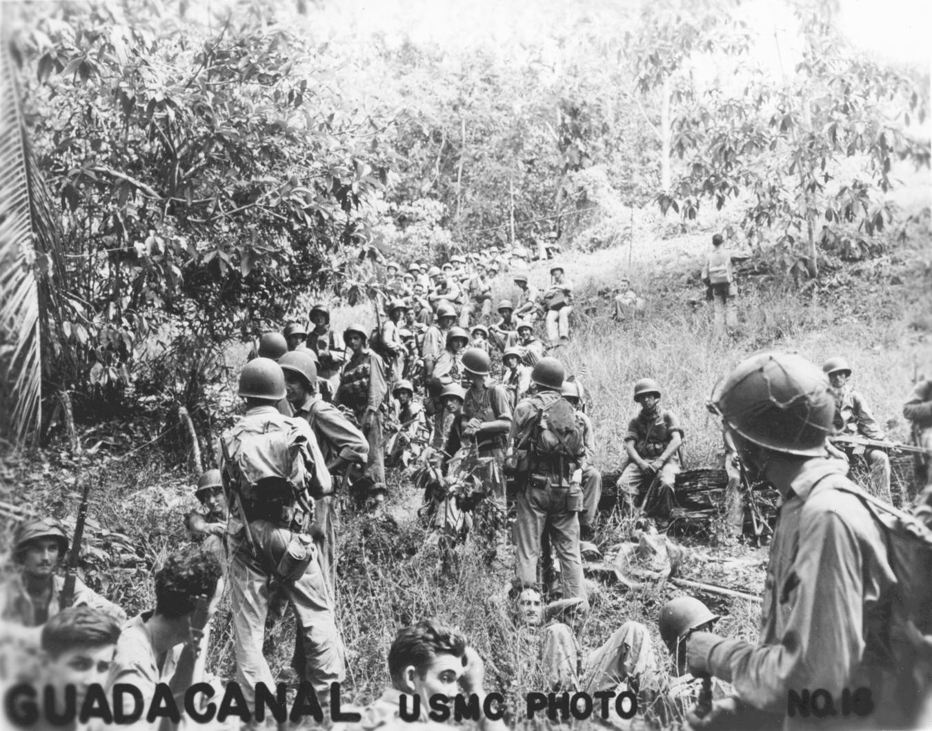 US Marines resting in the field on Guadalcanal, Solomon Islands, circa Aug-Dec 1942; note Springfield M1903 rifles and a Browning Automatic Rifle gunner on far right
