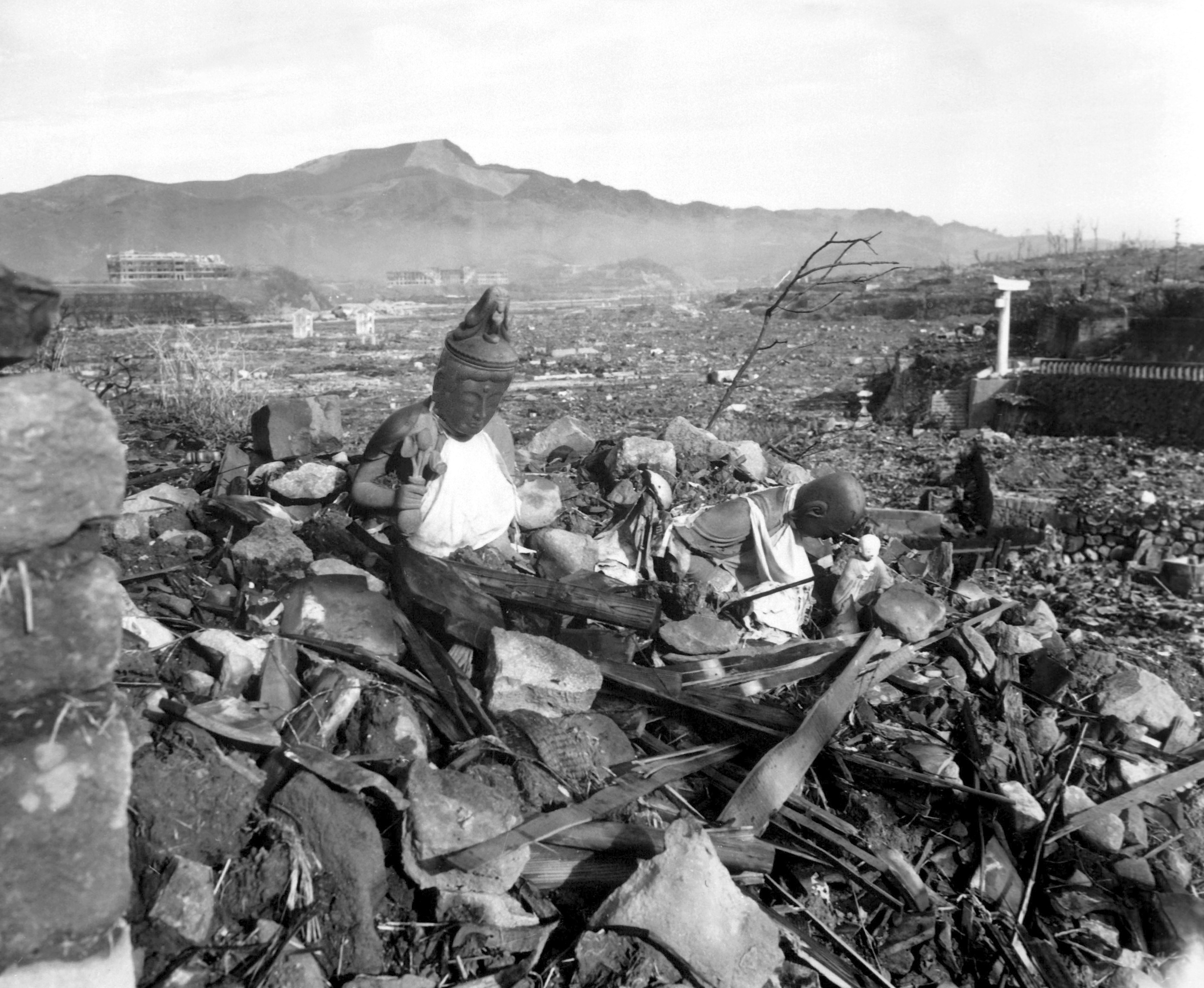 A pile of rubble from a destroyed Buddhist Temple in Nagasaki, Japan, 24 Sep 1945