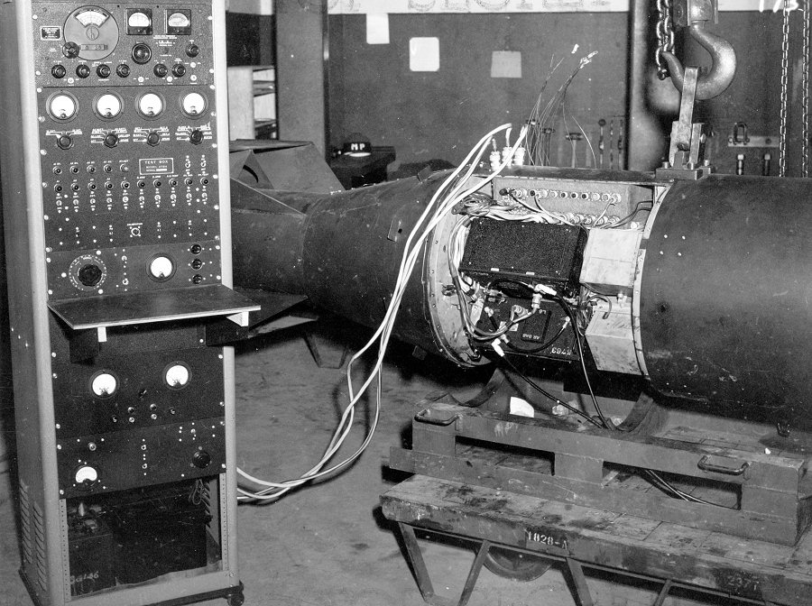'Little Boy' type bomb casing hooked up to testing devices, Tinian, Mariana Islands, 1945
