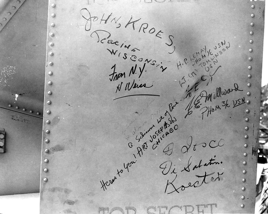 Signatures of technicians on the tail of the 'Fat Man' bomb while the bomb was in Tinian, Mariana Islands, Aug 1945