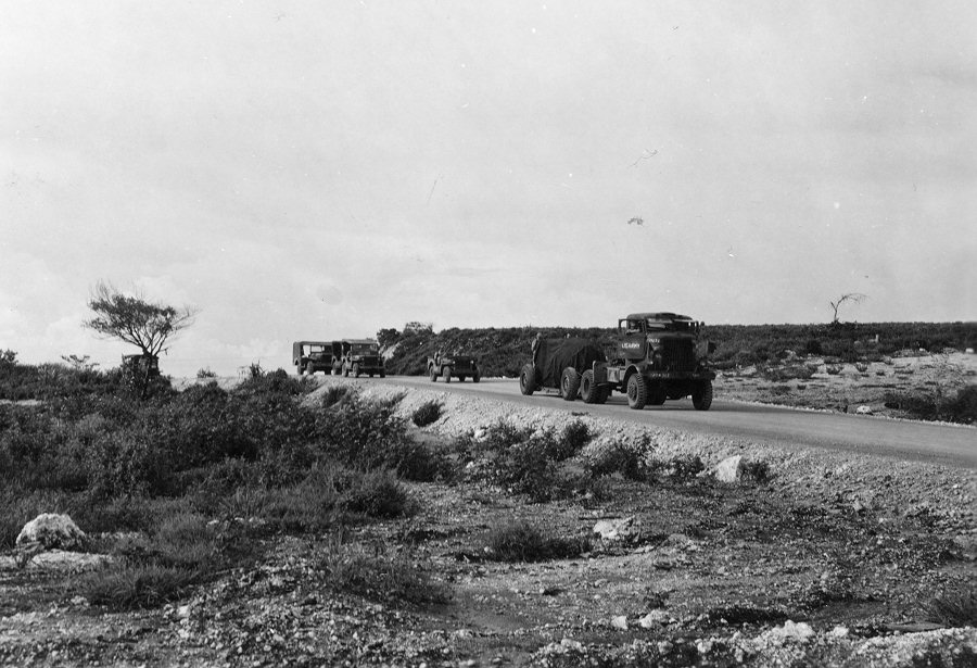 'Fat Man' bomb being transported toward North Field, Tinian, Mariana Islands, Aug 1945