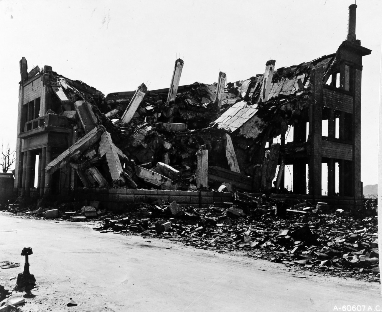 Destroyed Chugoku Coal Distribution Company building in Hiroshima, Japan, 8 Nov 1945, photo 1 of 3