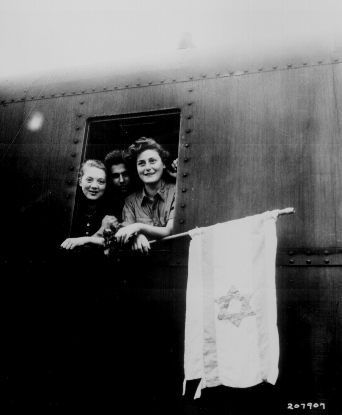 A Polish, a Latvian, and a Hungarian Jew, all rescued from Buchenwald Concentration Camp, boarded a plane for Palestine, 5 Jun 1945
