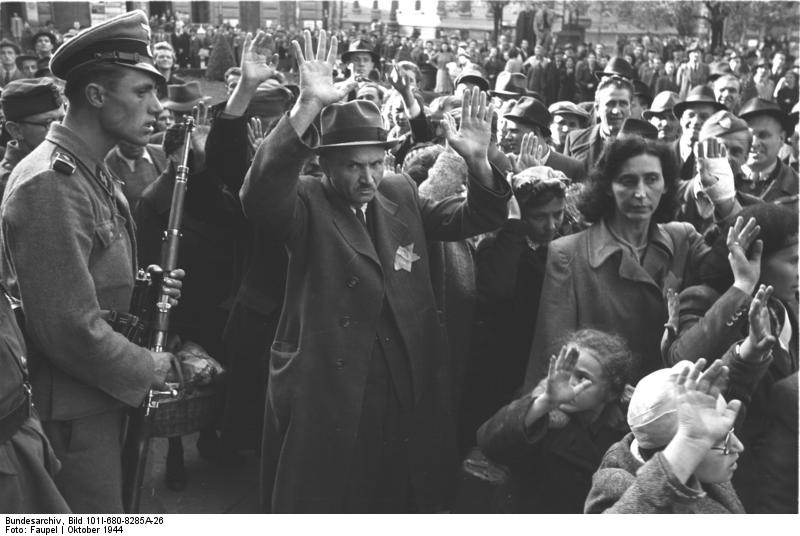 Hungarian and German soldiers rounding up Jews in Budapest, Hungary, Oct 1944