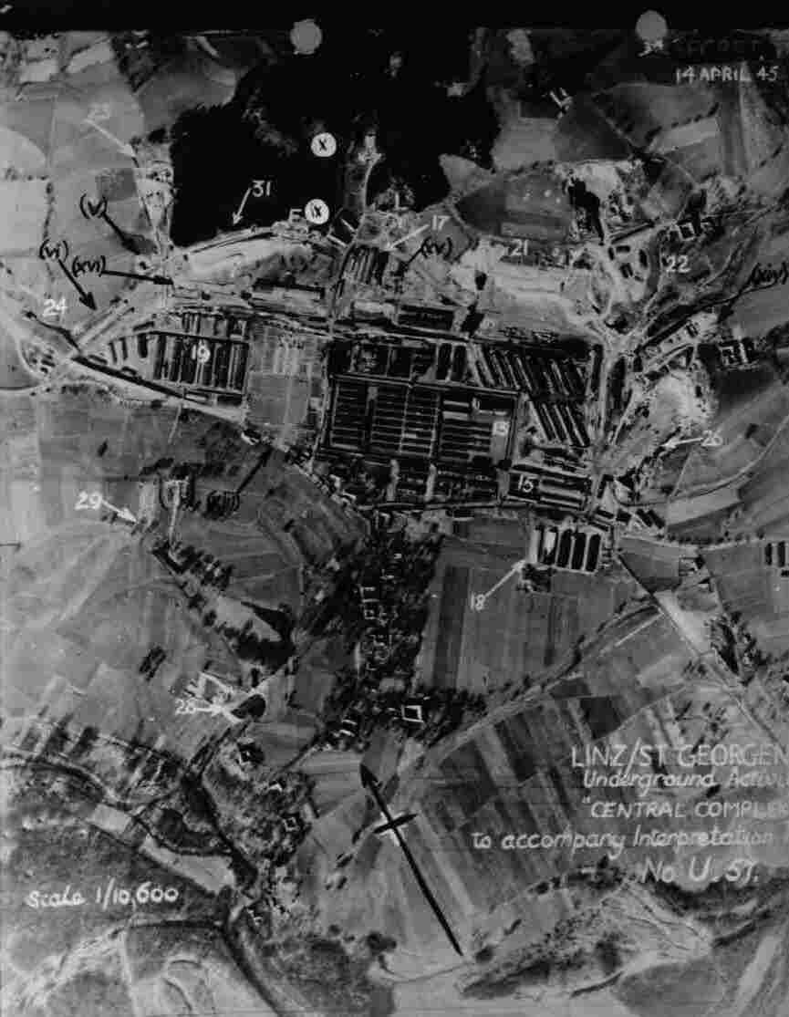 Aerial view of the Bergkristall complex of the Mauthausen-Gusen Concentration Camp, Austria, 14 Apr 1945