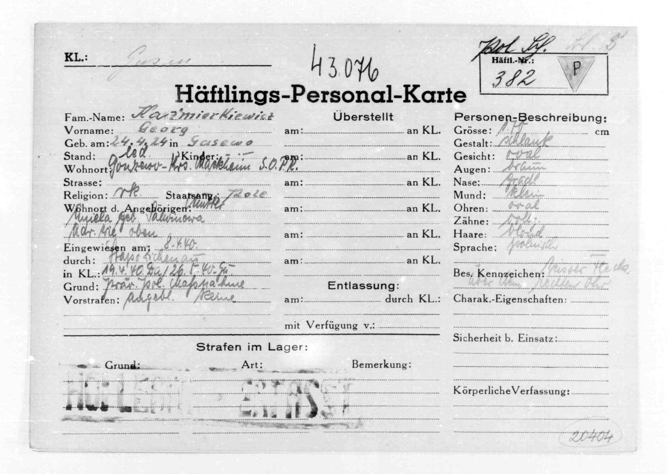 Camp file of Jerzy Kazmirkiewicz, Polish political prisoner number 382 at Mauthausen-Gusen Concentration Camp, Austria