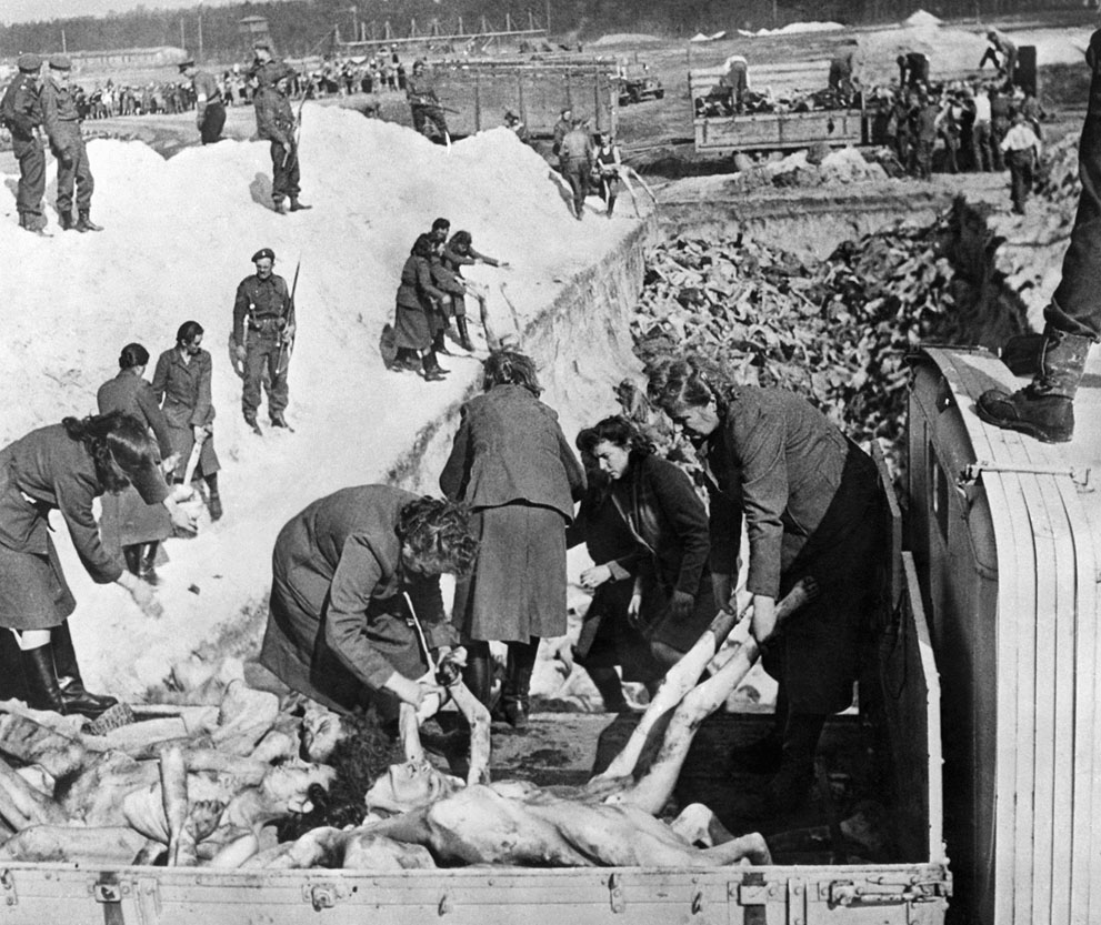 German SS women made to bury victims of the Bergen-Belsen Concentration Camp, Germany, 28 Apr 1945