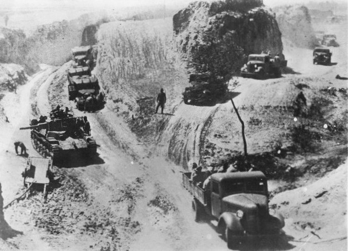 Japanese Type 97 Chi-Ha tank and other vehicles during Operation Ichigo in China, 1944
