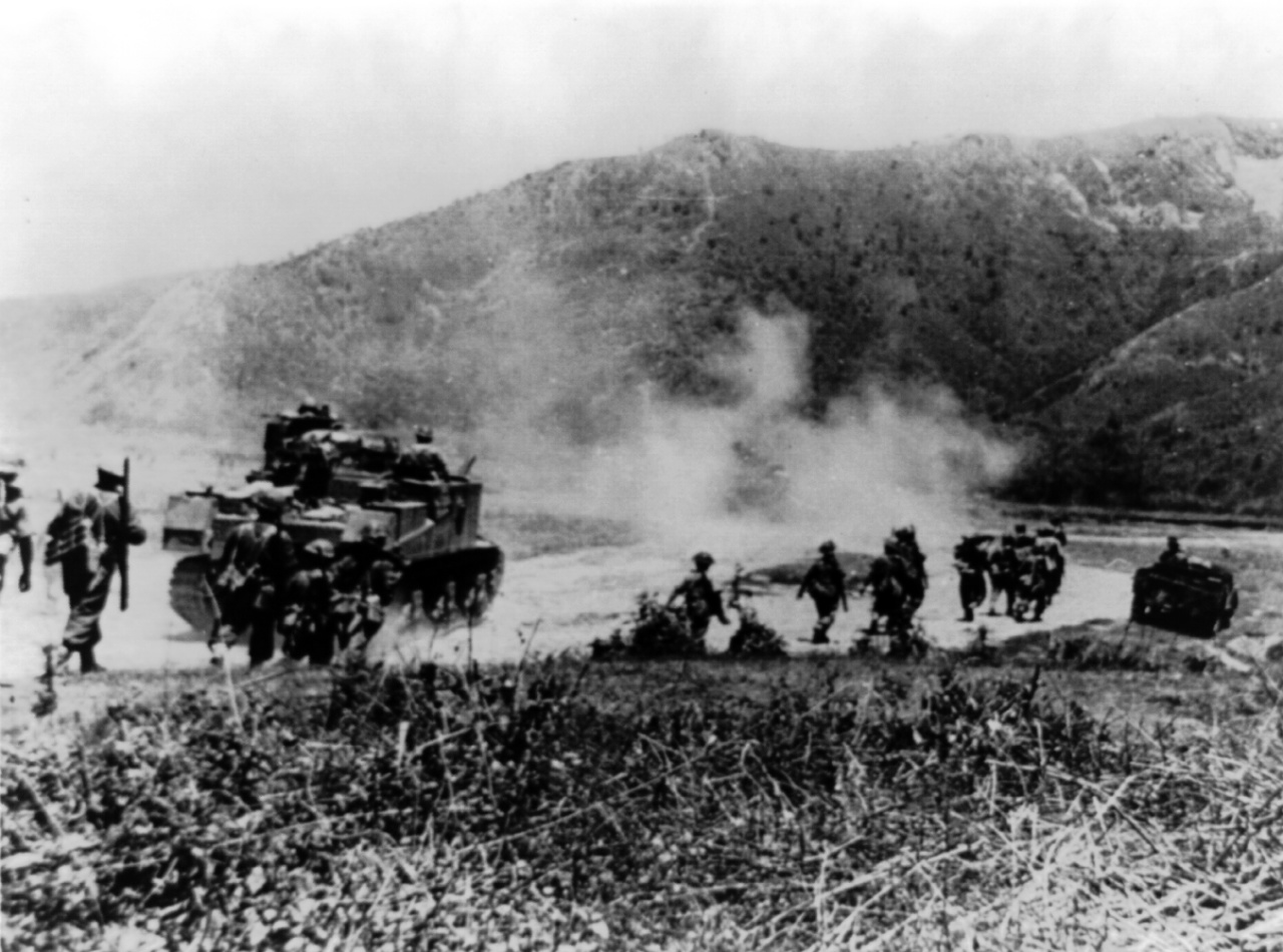 Gurkha troops advancing with tanks on the Imphal-Kohima Road, India, Mar-Jul 1944