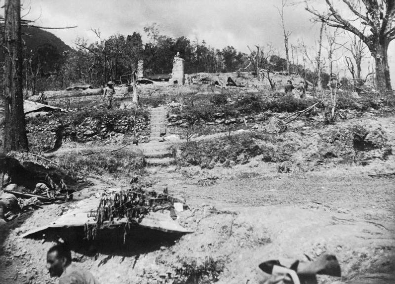 Destroyed commissioner's bungalow and tennis court, Kohima, India, Mar-Jul 1944