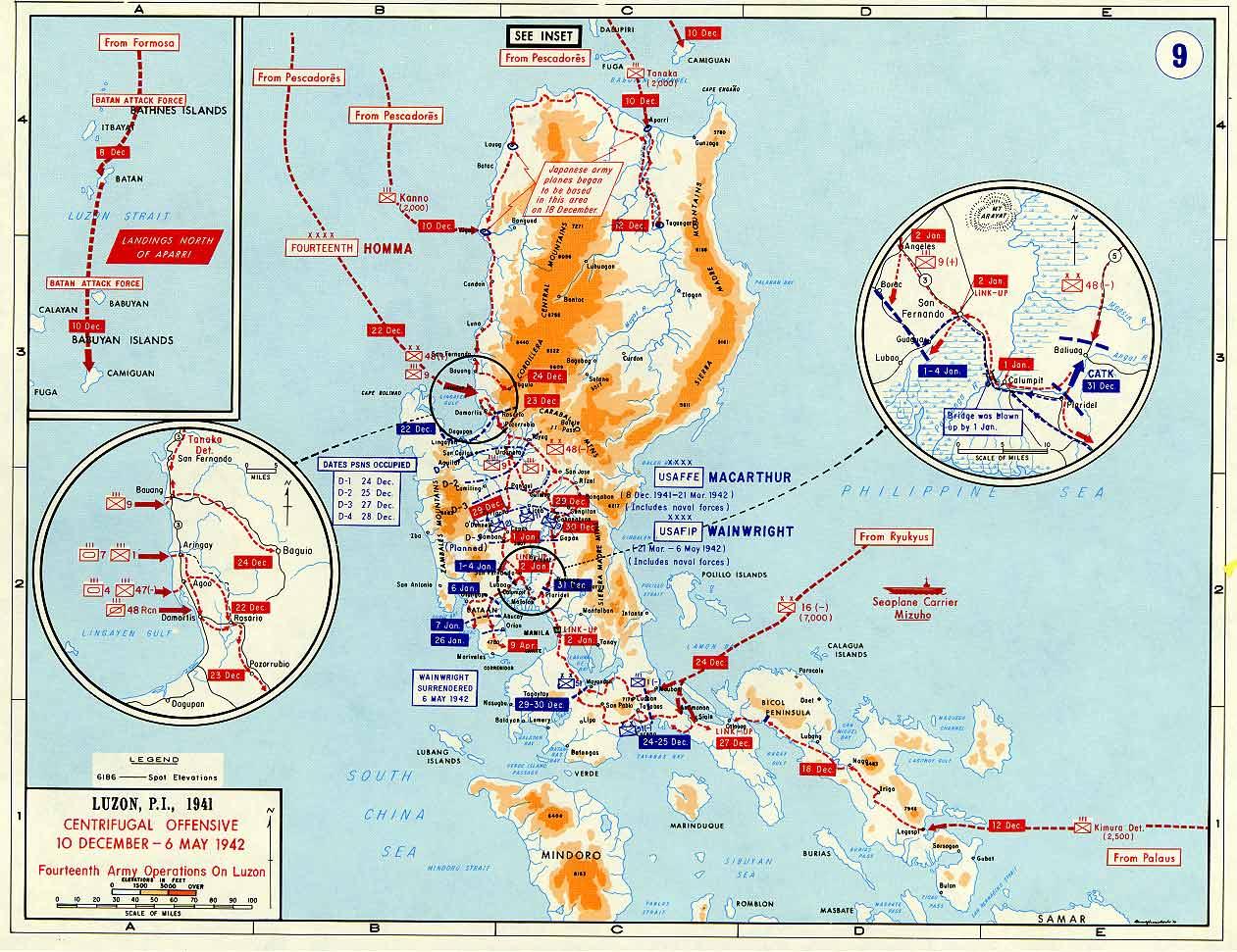 Map depicting the Japanese advance in Luzon, Philippine Islands, 10 Dec 1941-6 May 1942