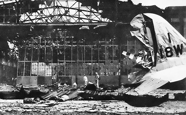 Hangar No. 11 of Hickam Field, Oahu, Hawaii, United States in ruins after Japanese attack, 7 Dec 1941