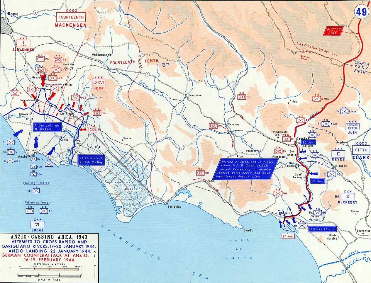 Map of Anzio-Cassino area in Italy, 17 Jan-19 Feb 1944