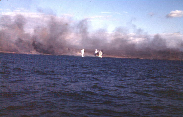 Explosions just off the beach on Iwo Jima during the pre-invasion bombardment, 19 Feb 1945