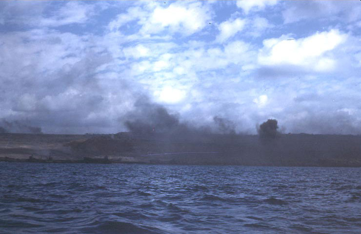 Smoke and explosions on Iwo Jima, probably during the pre-landing bombardment, 19 Feb 1945