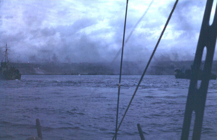 Two LCI(L)s off Iwo Jima at what appeared to be dawn, probably during the pre-landing bombardment, 19 Feb 1945