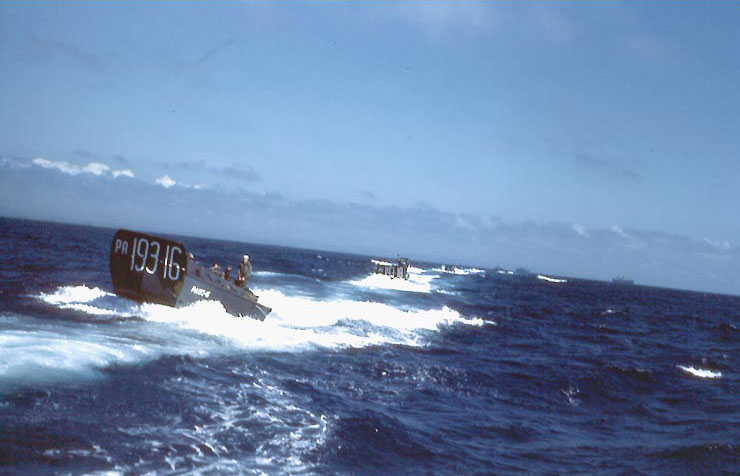 LCVPs from USS Sanborn underway off Iwo Jima, in mid or late Feb 1945, photo 1 of 2