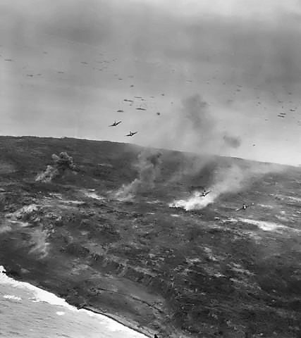 A group of F6F Hellcat fighters supporting ground troops on Iwo Jima, 21 Feb 1945