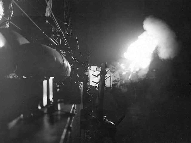 An American warship making a night-time bombardment on Japanese positions ashore on the island of Iwo Jima, Feb 1945