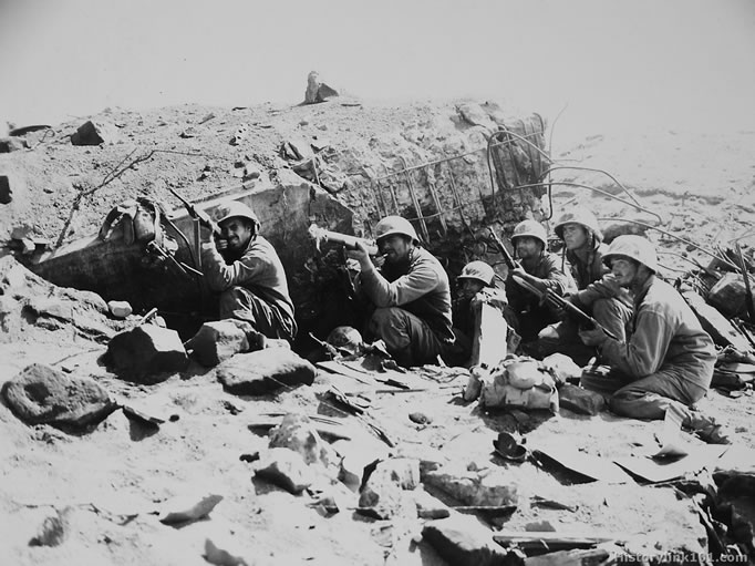 Men of 3rd Battalion, US 23rd Marine Regiment at a destroyed Japanese pillbox, Iwo Jima, Japan, Feb 1945
