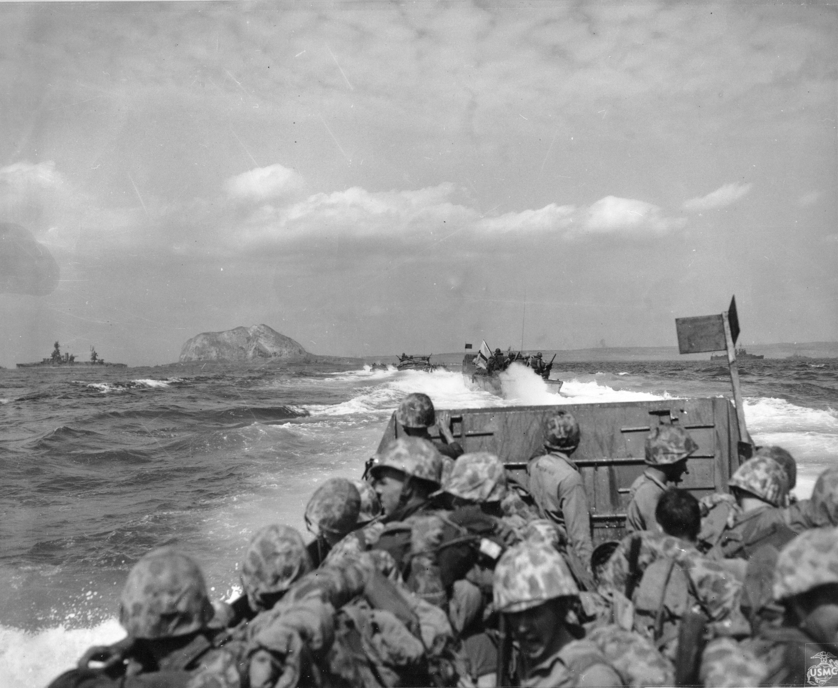 US Marines in a LCVP approaching Iwo Jima, Japan, 19 Feb 1945