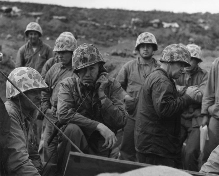 Officers of the US Fifth Marine Division directed the operations from a sandbagged position, Iwo Jima, 21 Feb 1945