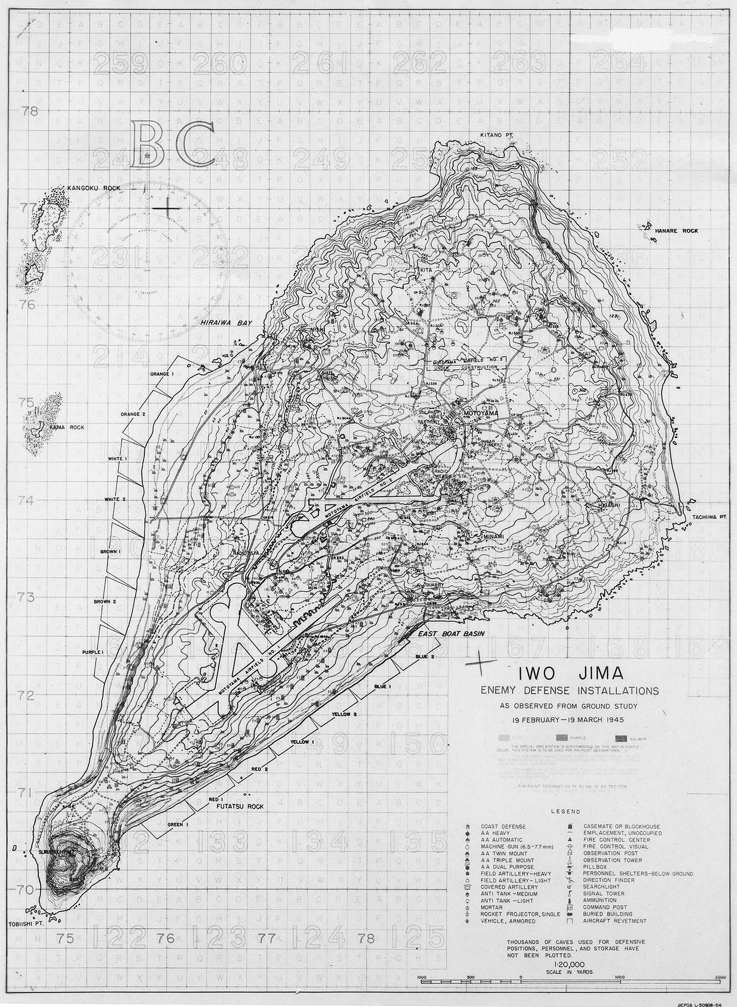 Contour map of Iwo Jima, showing Japanese defense installations as observed from ground study during the period of 19 Feb-19 Mar 1945, map 1 of 2