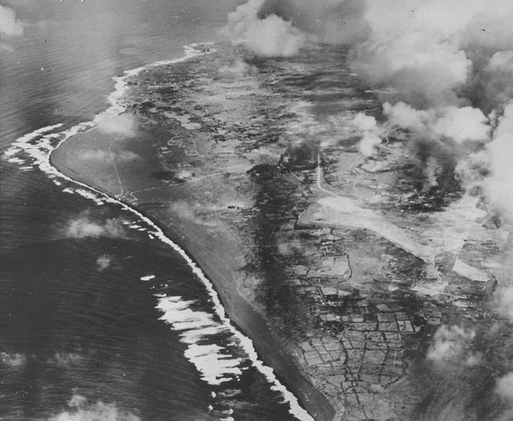 Aerial photograph of Iwo Jima during a raid on its southern Airfield Number One, early 1945, photo 2 of 2