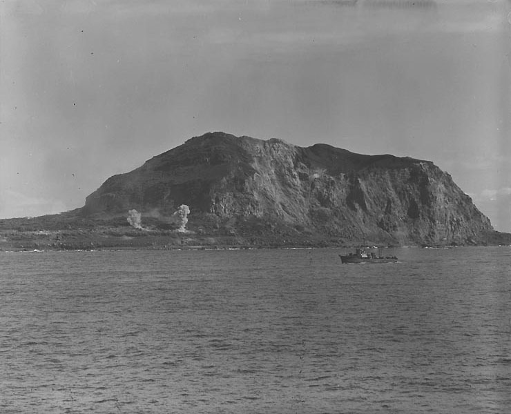 Shells exploded ashore during the pre-invasion bombardment of Iwo Jima, 17 Feb 1945