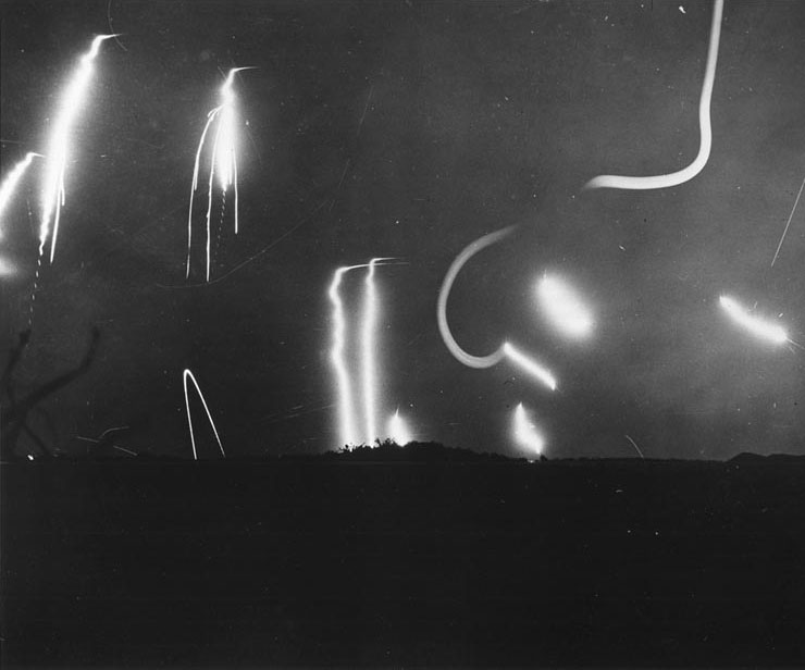 Star shells fired from American warships illuminated Iwo Jima battlefield to prevent Japanese night attacks, Feb 1945