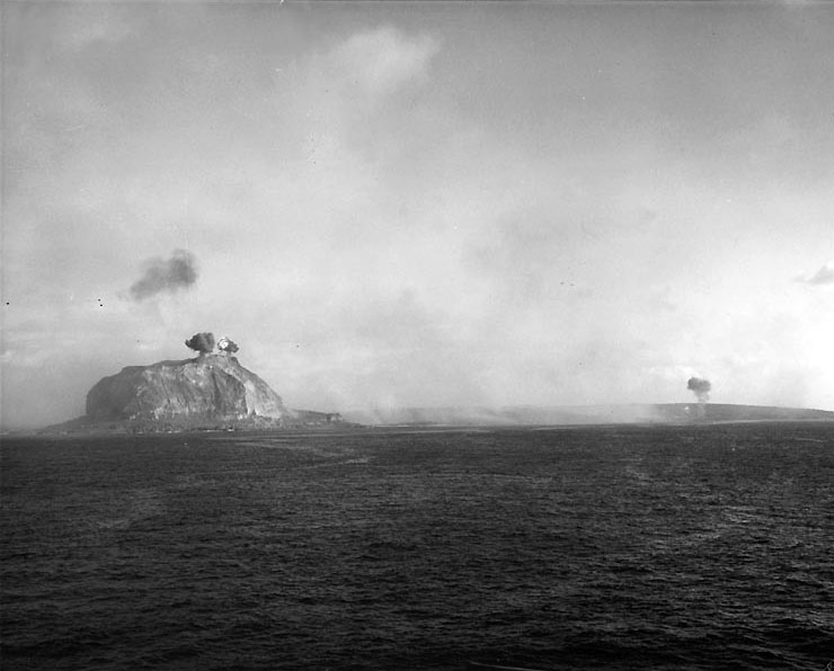 Naval gun shells exploded on Mount Suribachi, Iwo Jima, 17-19 Feb 1945