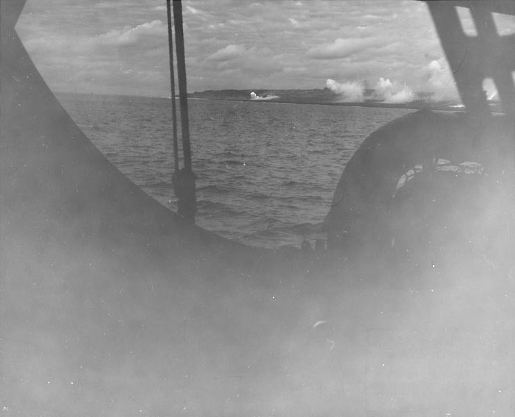 Pre-invasion bombardment of Iwo Jima's west beach as seen from an American vessel, 17 Feb 1945