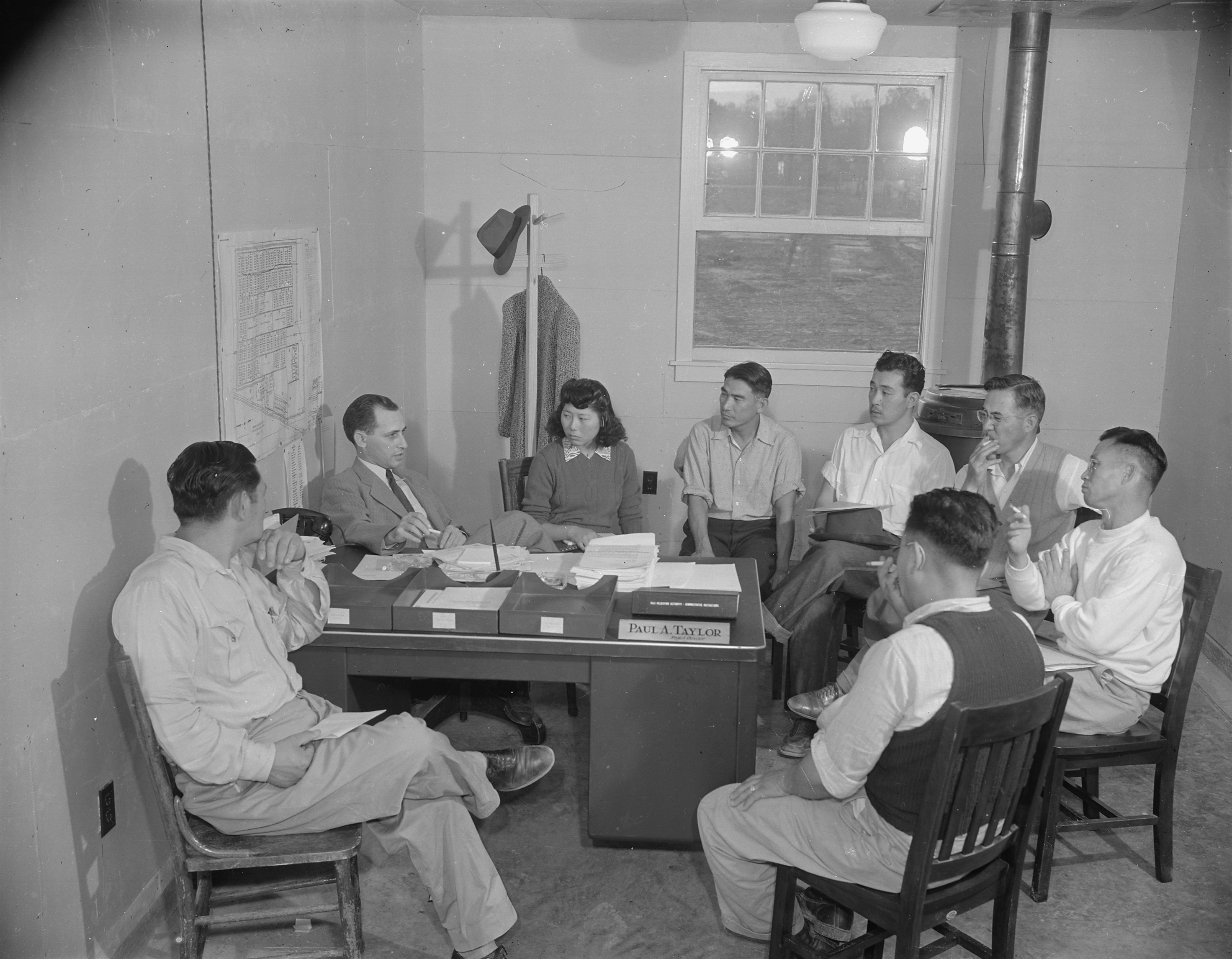 Project Director Paul Taylor speaking with the Council Committee of Jerome War Relocation Center, Arkansas, United States, 18 Nov 1942, photo 2 of 2