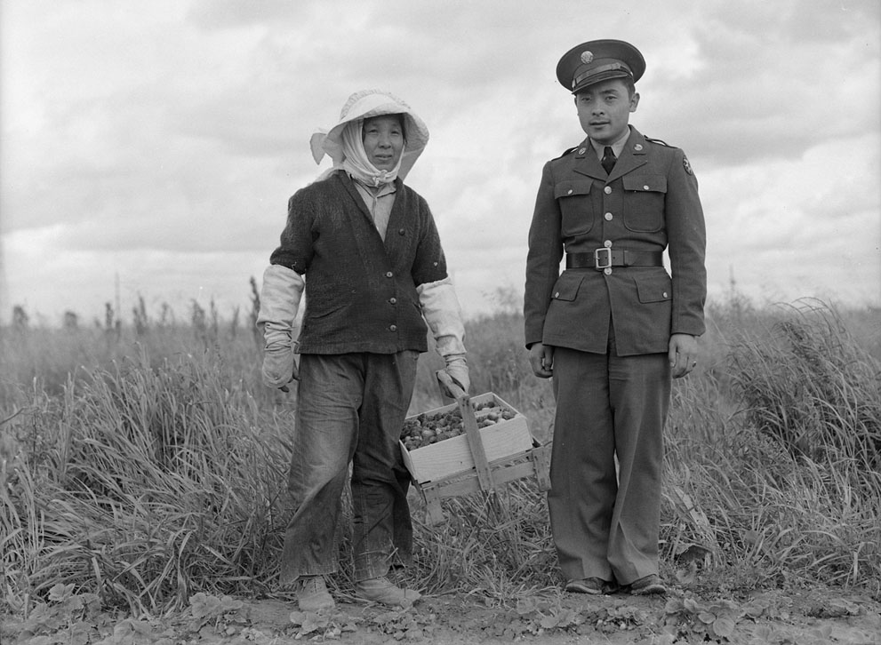 Japanese-American enlisted man of the US Army returning home to Florin, California, United States to help his mother comply to relocation, 11 May 1942