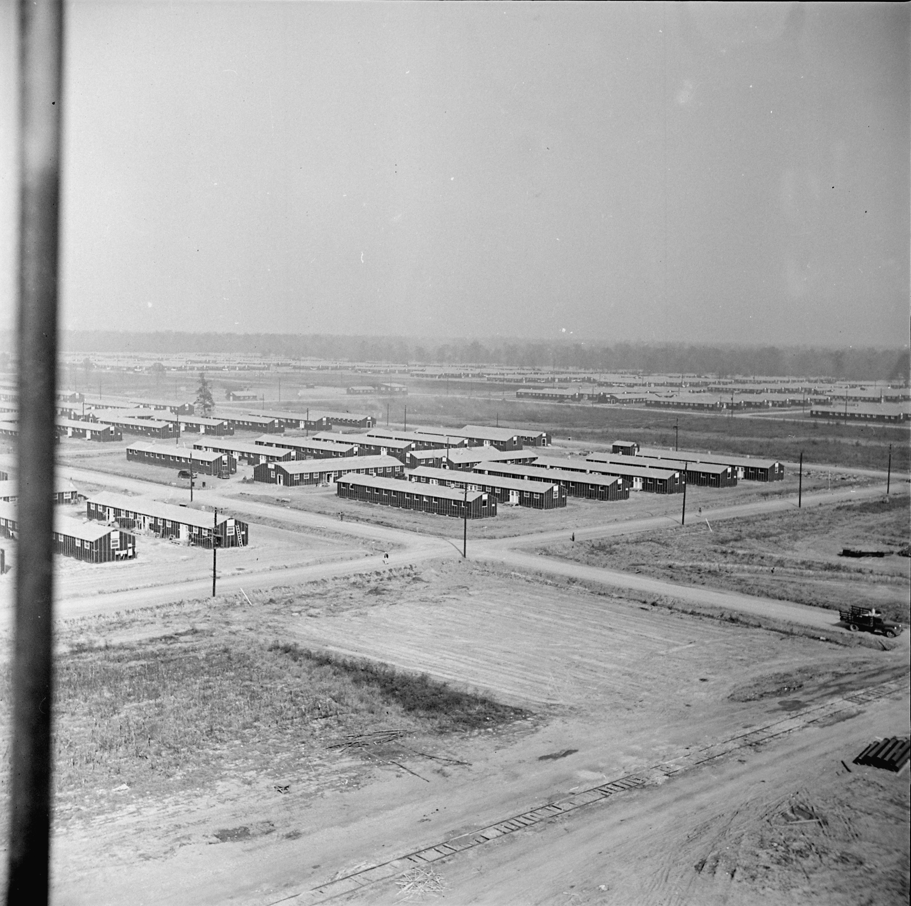 View of the Jerome War Relocation Center, looking south from the hospital, Arkansas, United States, 17 Nov 1942