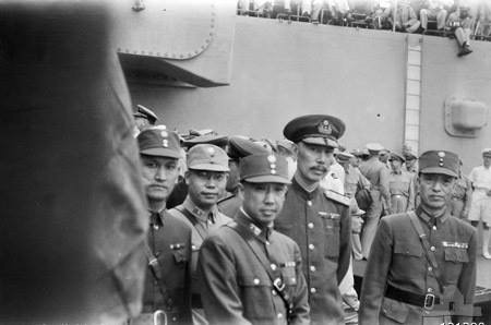 Xu Yongchang (far right) and the Chinese delegation aboard USS Missouri, Tokyo Bay, Japan, 2 Sep 1945