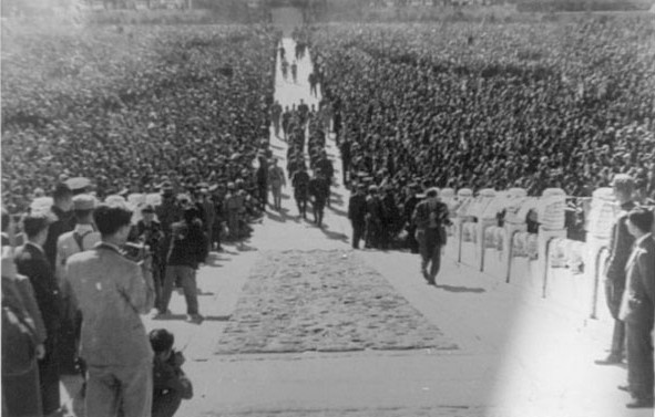 Japanese officers arriving at the Japanese surrender ceremony at the Forbidden City, Beiping, China, 10 Oct 1945, photo 2 of 5