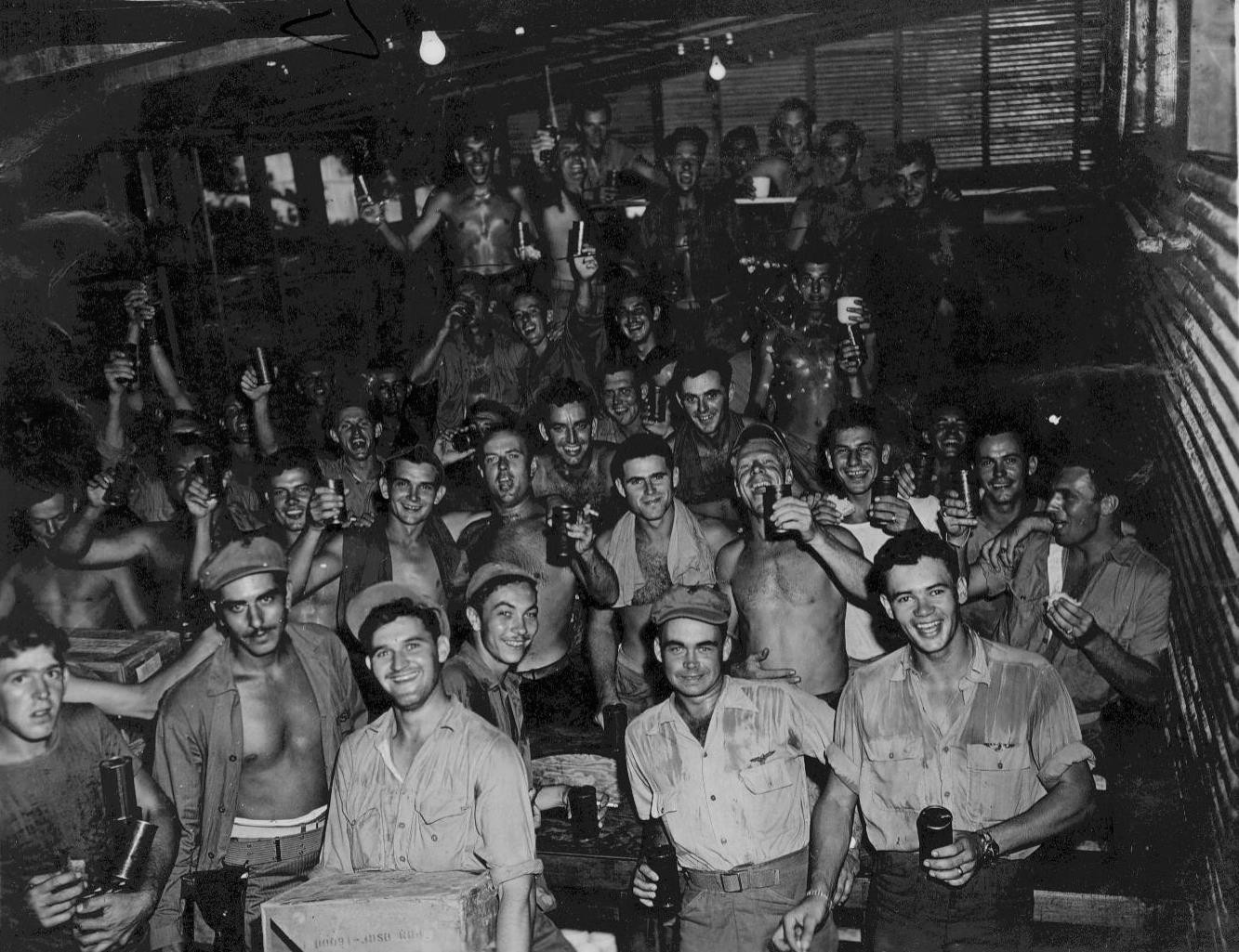 US Marines celebrating, Okinawa, Japan, Aug 1945