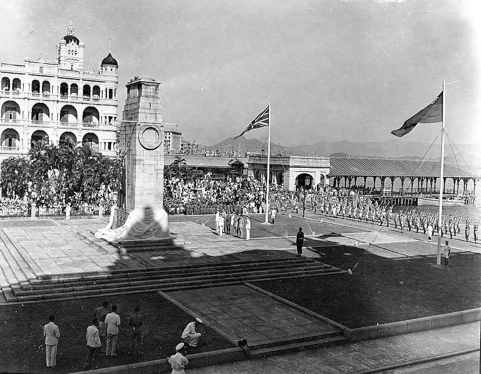 Ceremony at the Cenotaph at Central, Hong Kong marking the liberation of Hong Kong, 30 Aug 1945, photo 3 of 4