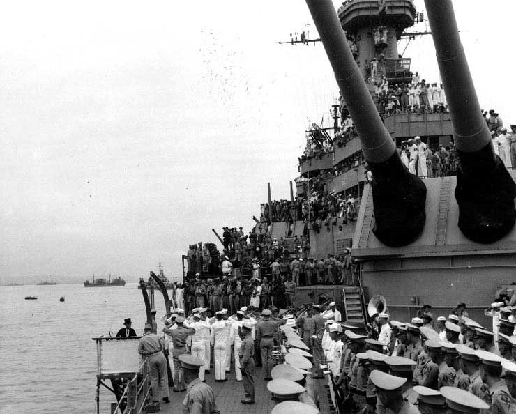 The Japanese delegation arriving aboard USS Missouri, Tokyo Bay, Japan, Photo 1 of 7