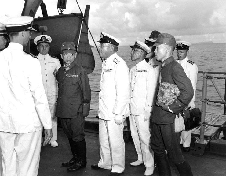 Japanese delegation aboard USS Portland to surrender Truk, Caroline Islands, 2 Sep 1945, 1 of 3