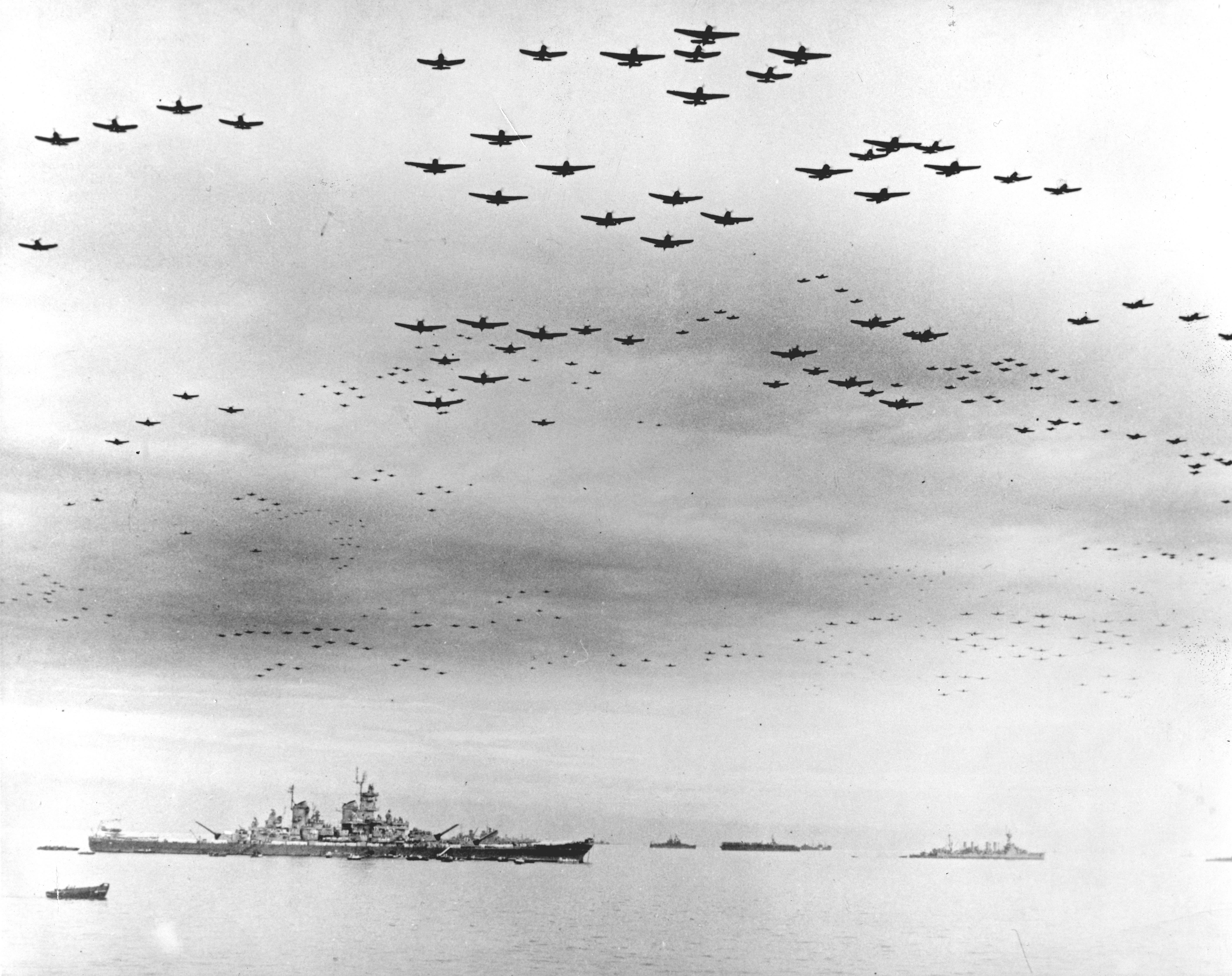 American aircraft fly over USS Missouri after the surrender, photo 2 of 3