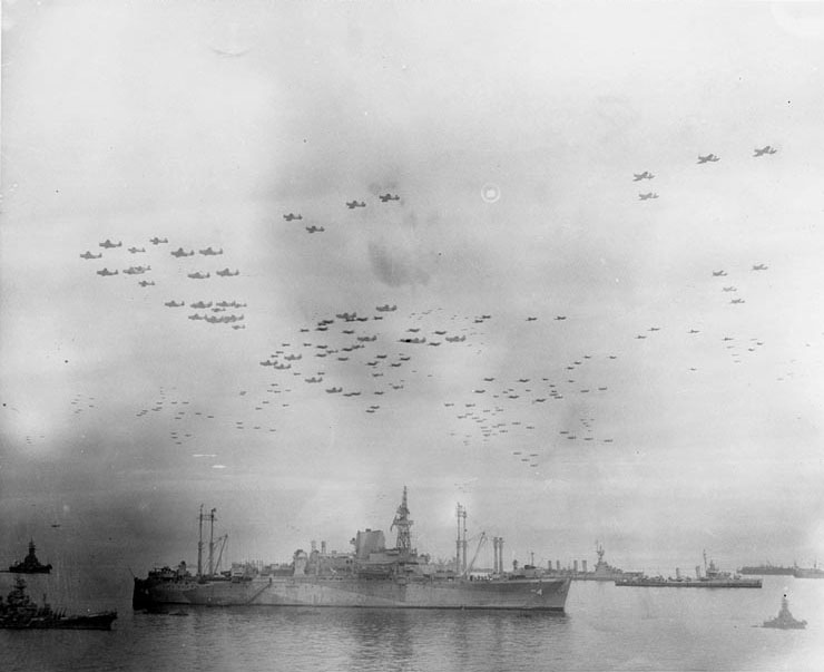 US Navy carrier aircraft flew in formation over AGC-4 Ancon in Tokyo Bay during surrender ceremonies, 2 Sep 1945